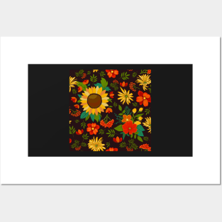 Autumn pattern with sunflowers and berries on dark brown Posters and Art